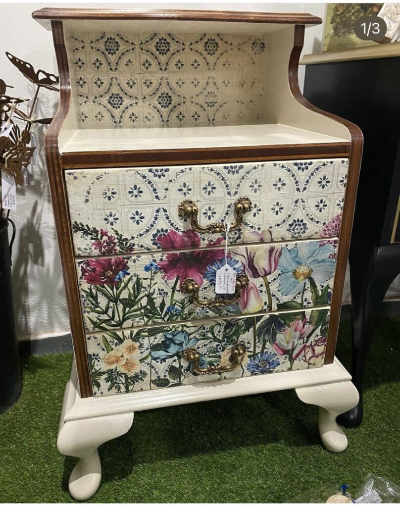 Hand painted bed side table with decoupage flowers on front drawers